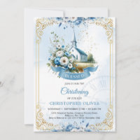 Católica igreja poeirenta flores azuis armação de 