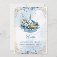 Católica igreja poeirenta flores azuis armação de 