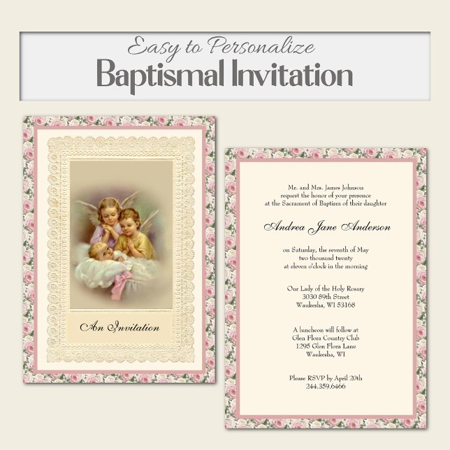 Convite Católica Vintage Rapariga Baptism Christening Ange (Beautiful religious vintage angels baptismal invitation with pink roses)