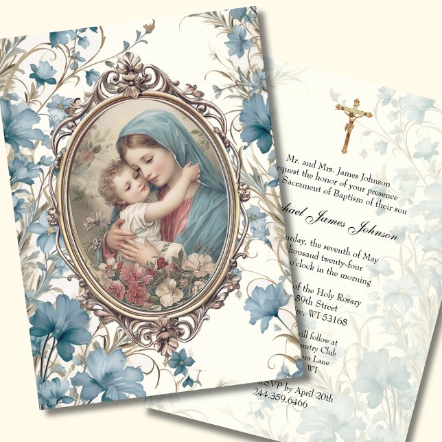 Convite Católico Blue Floral Baptism Christening Baby (Criador carregado)