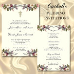 Convite Católico de Casamentos Cruzados Cristãos Florais<br><div class="desc">Personalize nossos belos convites de casamento católicos cristãos tradicionais com anéis de casamento dourados enrolando um crucifixo de ouro e flores. O fundo de marfim e todo o texto e fontes podem ser modificados.</div>