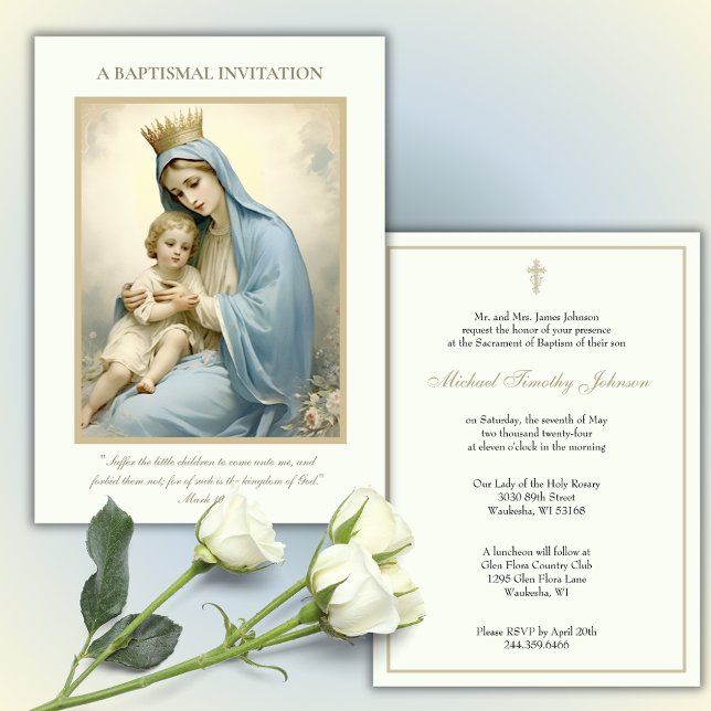 Convite Católico Vintage Baby Baptism Christening Floral (Criador carregado)