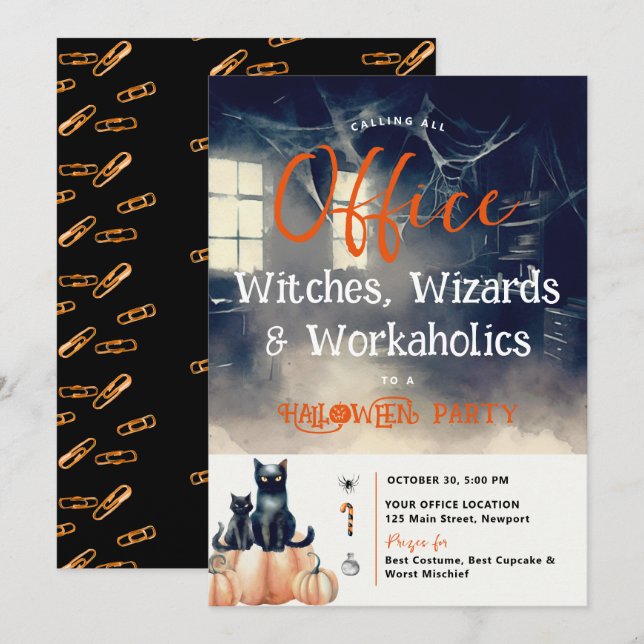 Convite Cats Corporativos do Office Party no Halloween (Frente/Verso)