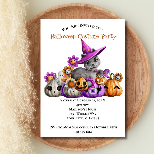 Convite Cats Pumpkins Roxo Orange Kids Festa de Halloween (Cats Pumpkins Halloween Party Invitation. Printed or Digital Download)