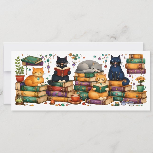 Convite Cats Reading Books Cozy Library Scene (Frente)
