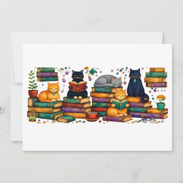 Convite Cats Reading Books Cozy Library Scene (Frente)