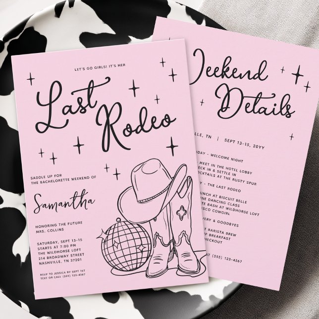 Convite Caubói Rosa Disco Último Rodeio Festa de Despedida (Pink Cowgirl Disco Last Rodeo Bachelorette Party Invitation)