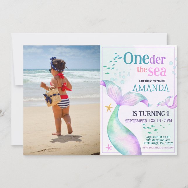 Convite Cauda de sereia Aquarela Aniversário Sob o Mar (Frente)