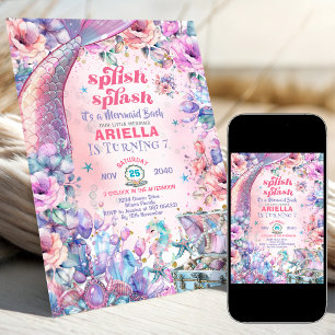 Convite Cauda de sereia brilhante de flores para 7º aniver