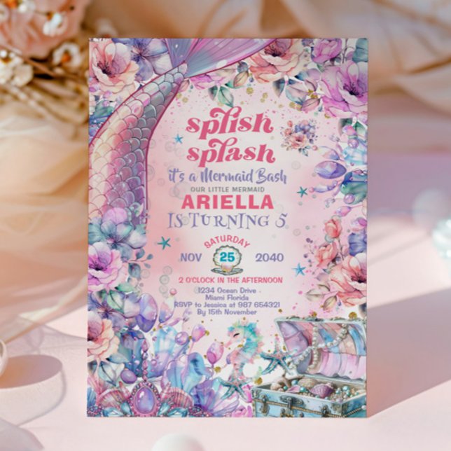 Convite Cauda de sereia brilho de flor 5º aniversário  (Criador carregado)
