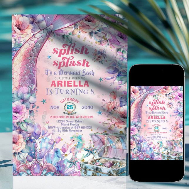 Convite Cauda de sereia brilho flor 8º aniversário  (Criador carregado)