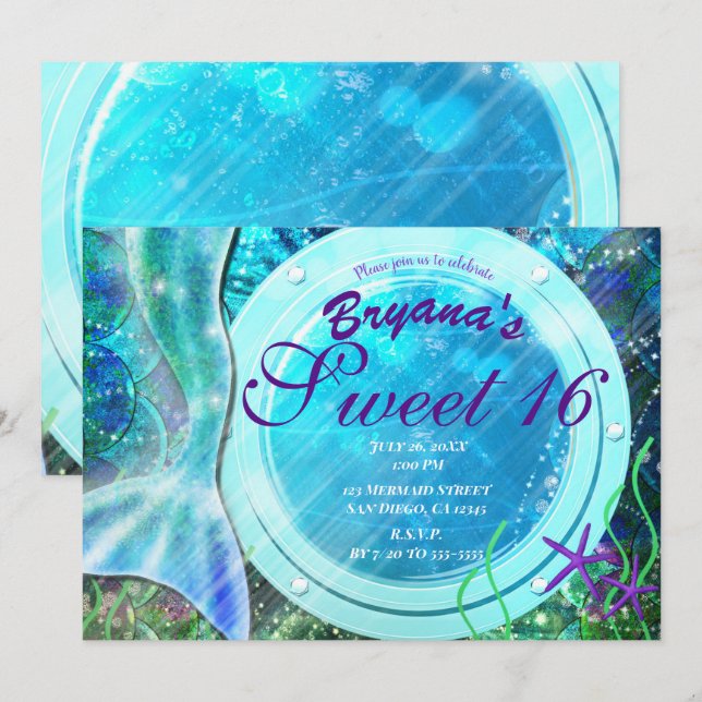 Convite Cauda de Sereia Magia Debaixo do Mar Doce 16 Anive (Frente/Verso)