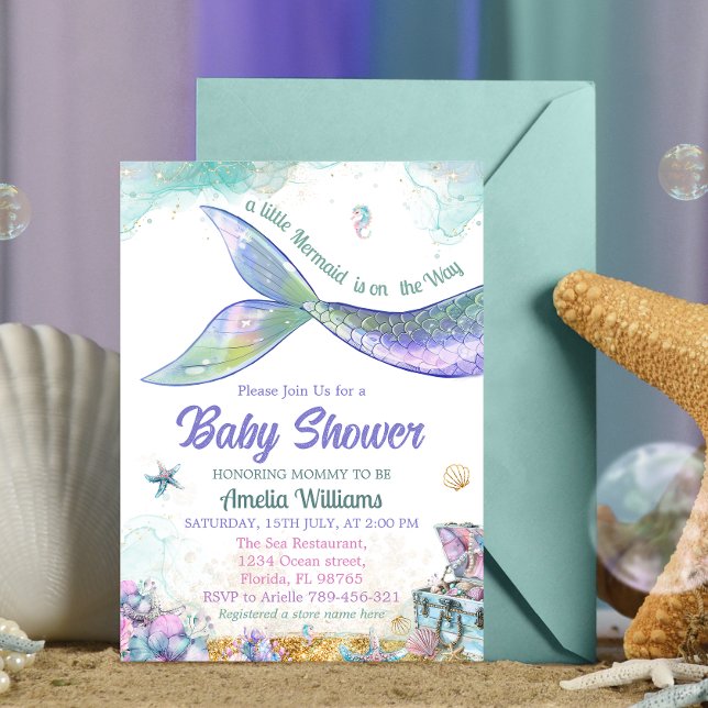 Convite Cauda de Sereia Menina Bebê Roxo Azul Pastel (Criador carregado)