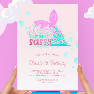 Convite Cauda de Sereia Rosa Arco-íris 1º Aniversário