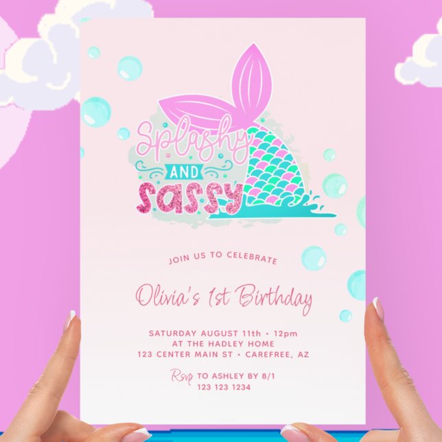 Convite Cauda de Sereia Rosa Arco-íris 1º Aniversário (Criador carregado)