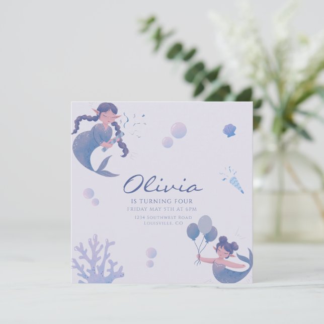 Convite Cauda de sereia roxa azul de aniversário sob o mar (Em pé/Frente)