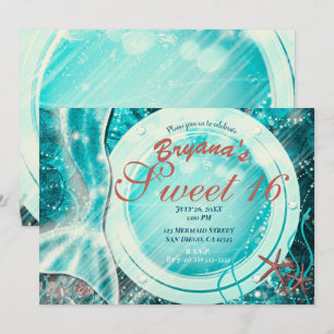 Convite Cauda de Sereia Sob o Mar Doce 16 Aniversário Azul
