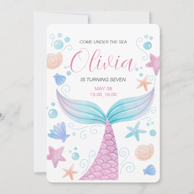 Convite Cauda de Sereia Sob o Mar Rosa Aniversário (Frente)
