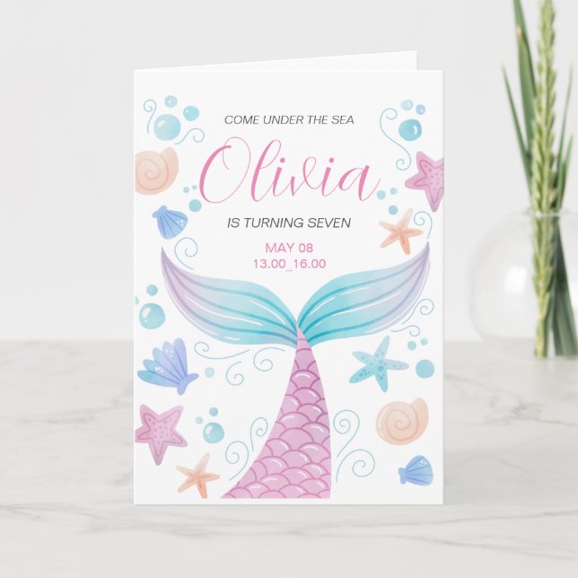 Convite Cauda de Sereia Sob o Mar Rosa Aniversário  (Frente)
