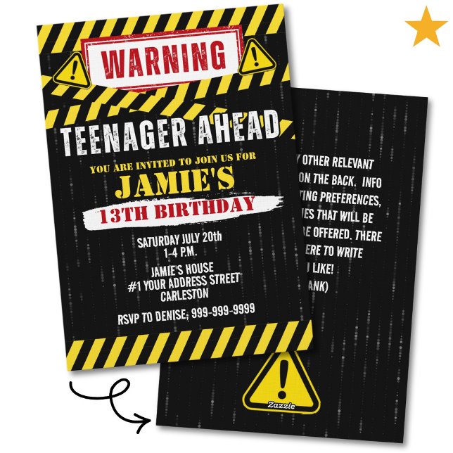 Convite Caution Warning Sign Teenager 13th Birthday  (Criador carregado)
