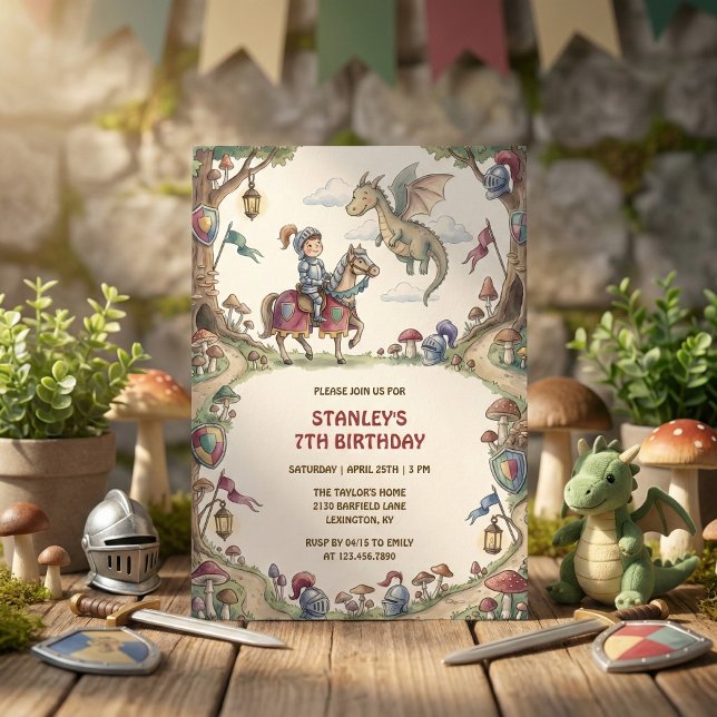 Convite Cavaleiro Aquarela Dragão Conto de Fadas Aniversár (Watercolor Knight Dragon Fairytale Boy Birthday Invitation)