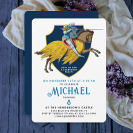 Convite Cavaleiro Armado Medieval Azul Elegante a Cavalo