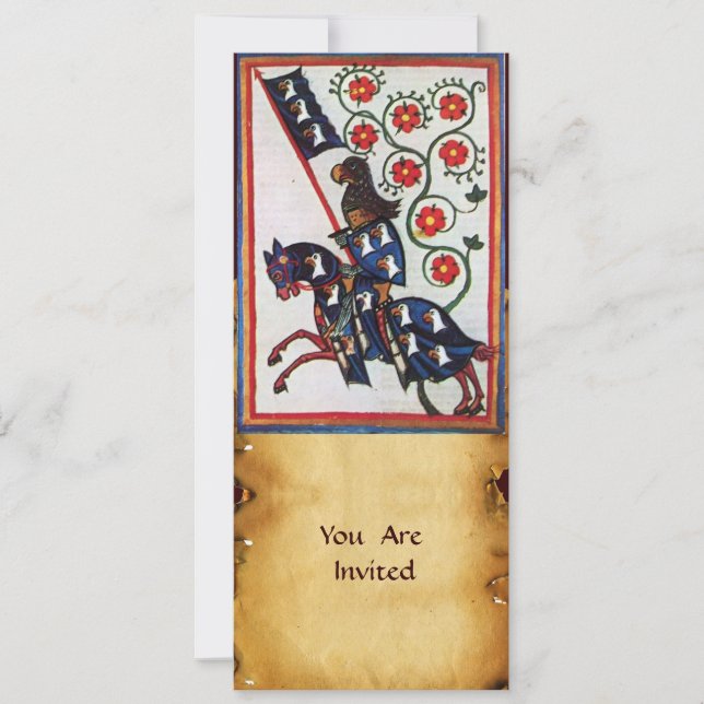 CONVITE CAVALEIRO AZUL A CAVALO PERGAMINHO MEDIEVAL (Frente)