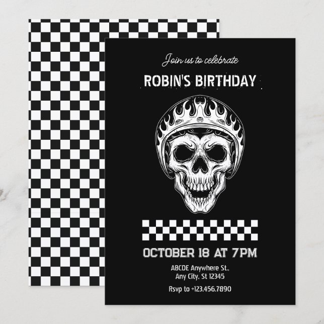 Convite Cavaleiro de motocicleta com caveira no aniversári (Frente/Verso)