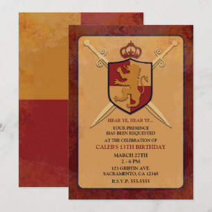Convite Cavaleiro Real Grifo Escudo Festa Marrom e Dourado