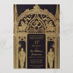 Convite Cavaleiro Tema Medieval Aniversário Preto Dourado 
