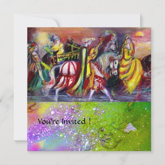 Convite CAVALEIROS NA NOITE, faíscas rosa roxo verde (Frente)