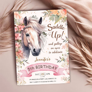 Convite Cavalo 5º Aniversário Menina Selvagem Floral Monta