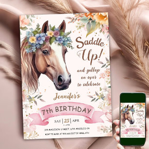 Convite Cavalo 7º Aniversário CowGirl Floral Saddle Up