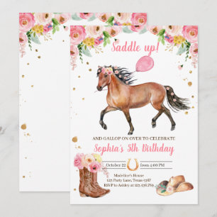 Convite Cavalo Aniversário Convidar Garota Cowgirl Rosa F