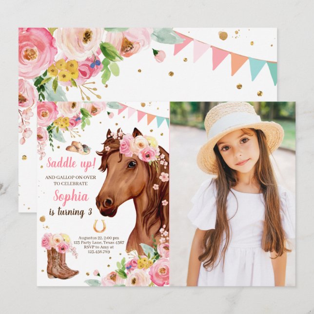 Convite Cavalo Aniversário Convidar Garota Cowgirl Rosa Fl (Frente/Verso)