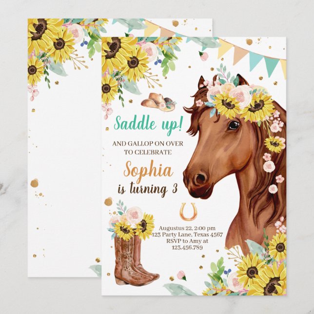 Convite Cavalo Aniversário Convidar Rapariga Cowgirl Sunfl (Frente/Verso)