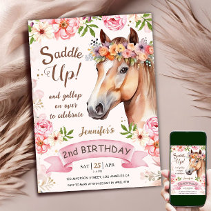 Convite Cavalo Aniversário de 2 anos Flores Rosa Sela