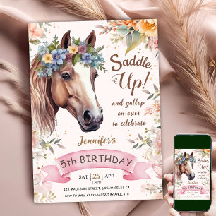 Convite Cavalo Aniversário de 5 anos CowGirl Floral Saddle