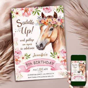 Convite Cavalo Aniversário de 5 anos Flores Rosa Sela