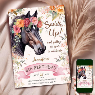 Convite Cavalo Aniversário de 6 anos Cowgirl Rosa Floral S