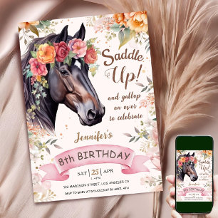 Convite Cavalo Aniversário de 8 anos Cowgirl Rosa Floral S