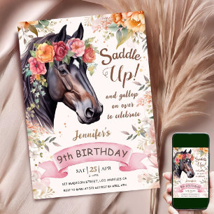 Convite Cavalo Aniversário de 9 anos Cowgirl Rosa Floral S