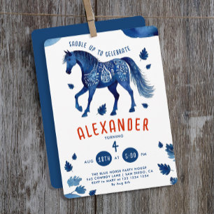 Convite Cavalo Azul Elegante Derby Pônei Cowboy Aquarela