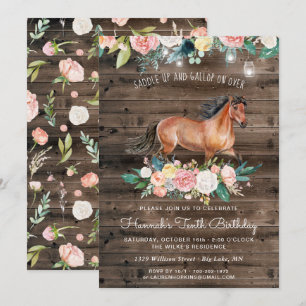 Convite Cavalo Bonito e Flores em Madeira Rústica de Anive
