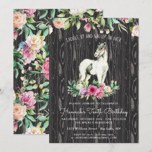 Convite Cavalo Bonito e Flores em Madeira Rústica de Anive