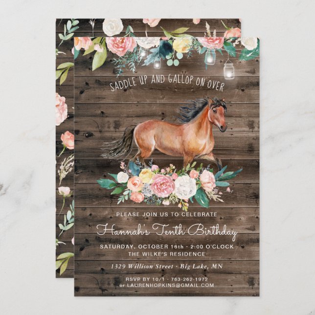 Convite Cavalo bonito e Flores no Aniversário da Madeira R (Frente/Verso)