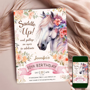 Convite Cavalo Branco 10º Aniversário Rapariga Floral Sadd