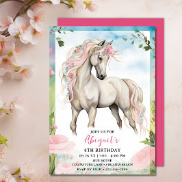 Convite Cavalo Branco bonito e Flores Rosa Aniversário