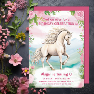 Convite Cavalo Branco bonito e Flores Rosa Aniversário