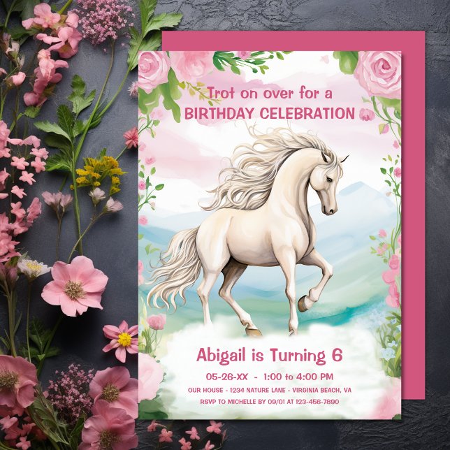 Convite Cavalo Branco bonito e Flores Rosa Aniversário (Pretty White Horse and Pink Flowers Birthday Invitation)